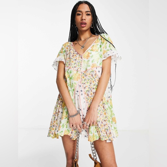 Free People wildflower patchwork mini dress in multi Ivory Combo Size Large - Picture 3 of 12